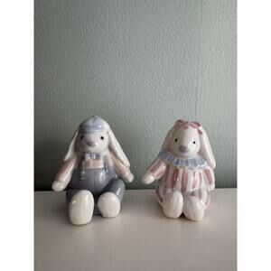 2 Vintage Otagiri Japan Hand Painted Ceramic Boy and Girl Bunny Rabbit Figurines